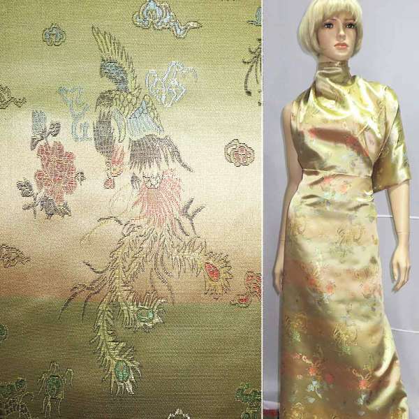 Атлас жаккардовый драконы, бежевый, ш.90