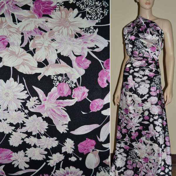 Атлас стрейч шамус черный в розово-белый цветок ш.120