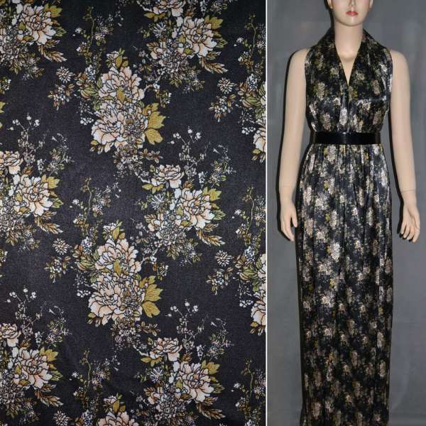 Атлас стрейч шамус черный в бежевые букеты ш.120