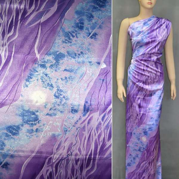 Атлас стрейч шамус фиолетовый в голубой абстрактный рисунок ш.120