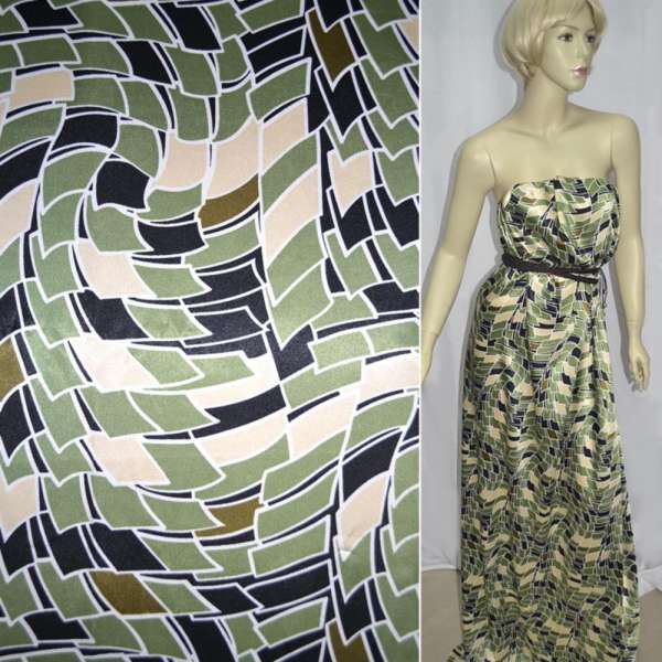 Атлас стрейч шамус оливковый с черно-белым геометрическим рисунком ш.120