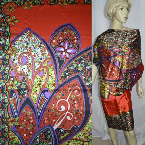 Атлас стрейч оранжевый в мелкий цветок ш.120