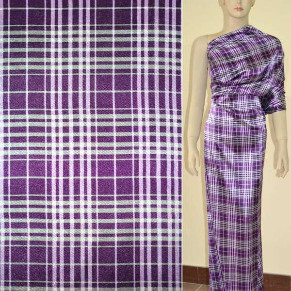 Атлас стрейч фиолетовый в серые и розовые квадраты ш.120