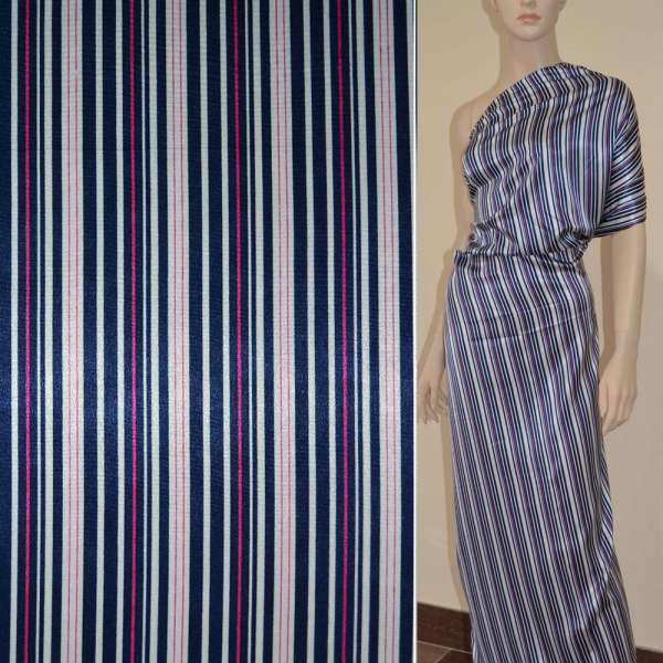 Атлас стрейч шамус білий в синьо-малинові смуги ш.120