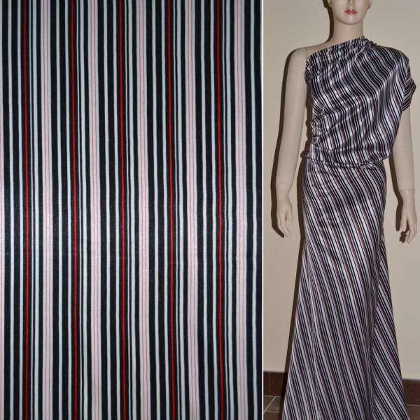 Атлас стрейч шамус білий в чорно-червоні смужки ш.120