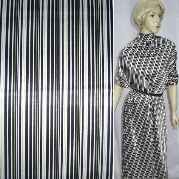 Атлас стрейч шамус чорний в молочно-зелені смужки ш.120