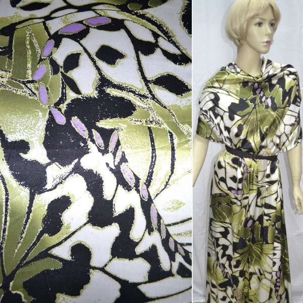 Атлас стрейч шамус молочний з чорно-зеленою абстракцією ш.120