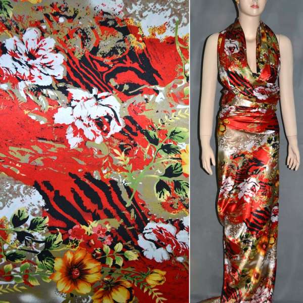 Атлас стрейч шамус красно-серый с желтыми цветами ш.120