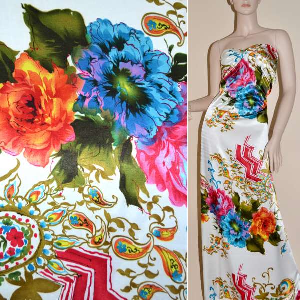 Атлас стрейч шамус белый в зелено-красные цветы и огурцы ш.150