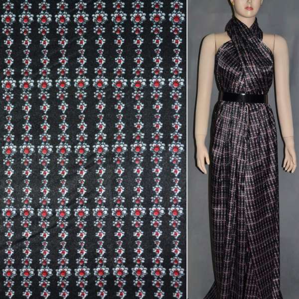 Атлас стрейч шамус черный с красно-белыми цветами ш.120