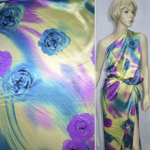 Атлас стрейч шамус лимонный с сиренево-синими цветами ш.120