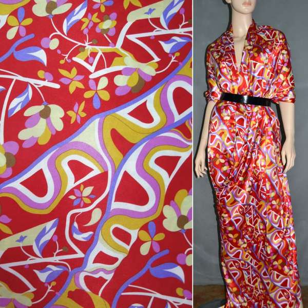 Атлас стрейч шамус красный с желто-фиолетовыми цветами, абстракцией ш.120