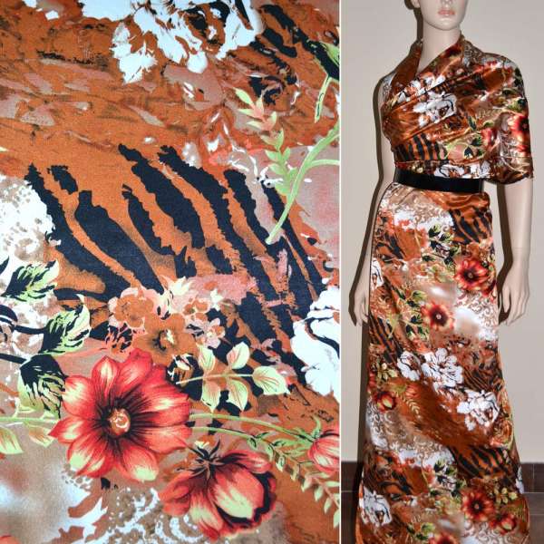 Атлас стрейч шамус коричнево-рыжий с красно-белыми цветами ш.120