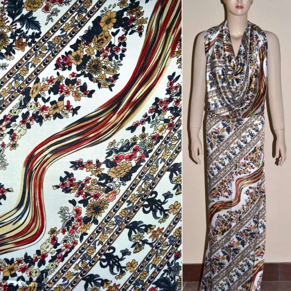 Атлас стрейч шамус білий із сіро-бежевими кольорами і смугами ш.120