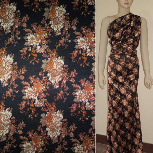 Атлас стрейч шамус черный с коричневыми букетами ш.120