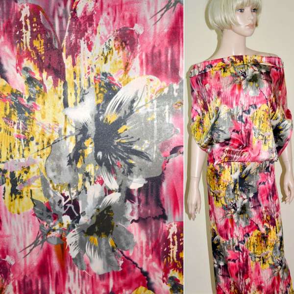 Атлас стрейч серый в желто-красный абстрактный рисунок ш.120