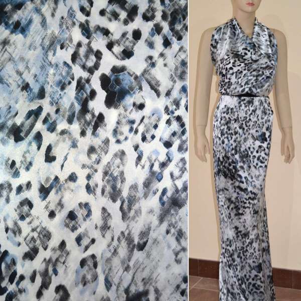 Атлас стрейч молочный в сине-черную абстракцию ш.120