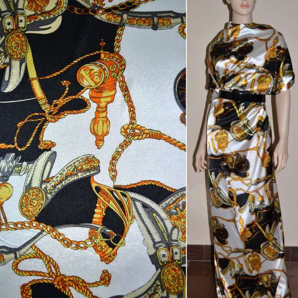 Атлас стрейч молочный с черными машинами и цепями ш.120