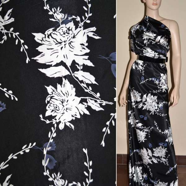 Атлас стрейч черный в белые цветы ш.120