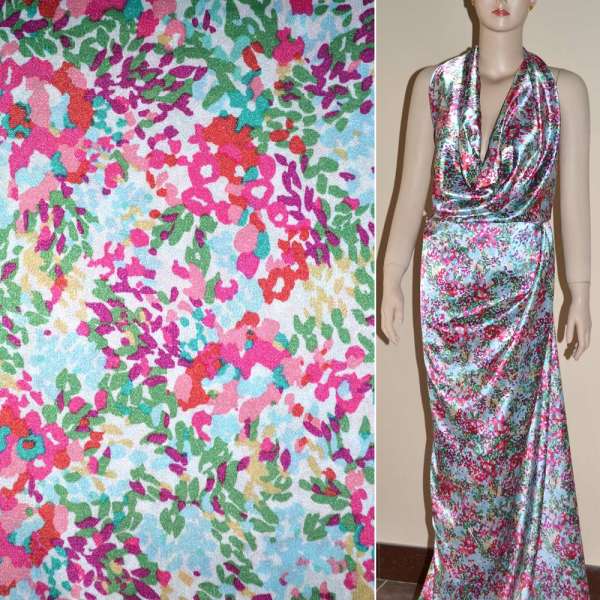 Атлас стрейч блідо-блакитний зелений рожевий калейдоскоп ш.120