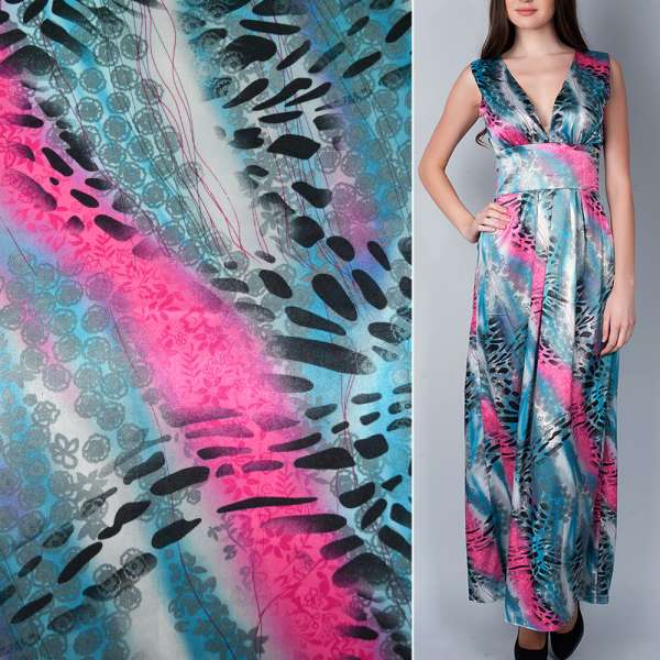 Атлас стрейч серо-голубые розовые диагональные полосы и черные пятна ш.120