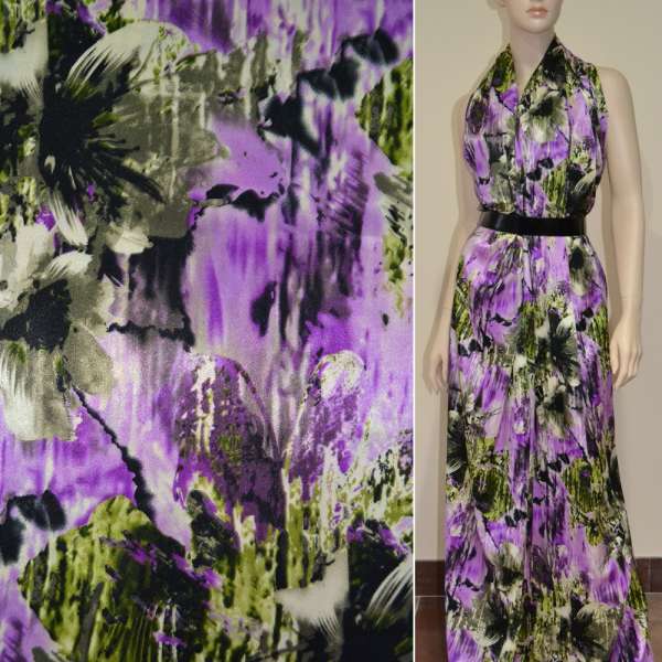 Атлас стрейч сиреневый с болотно-зелеными цветами ш.120