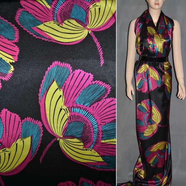 Атлас стрейч черный в малиново-голубые цветы ш.120