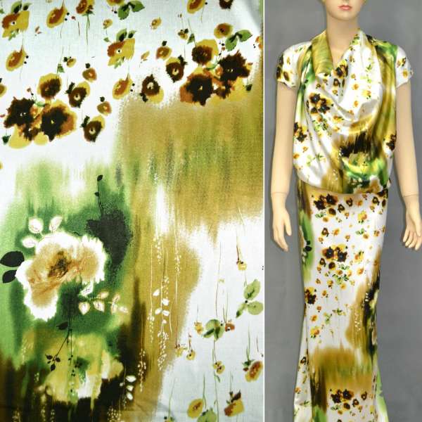 Атлас стрейч белый коричневый в салатные вставки и цветы ш.120