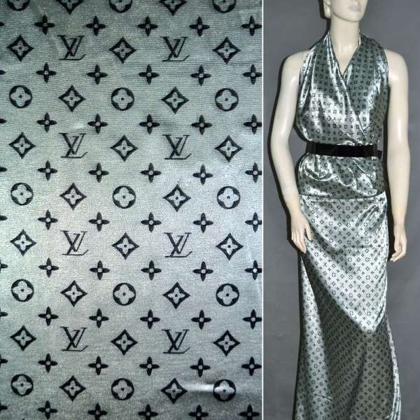 Атлас стрейч светло-серый с логотипом LV ш.120