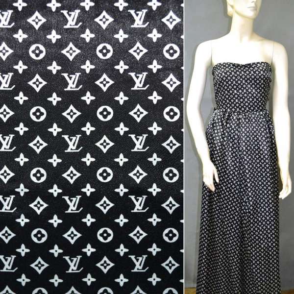 Атлас стрейч черный с мелким логотипом LV ш.122