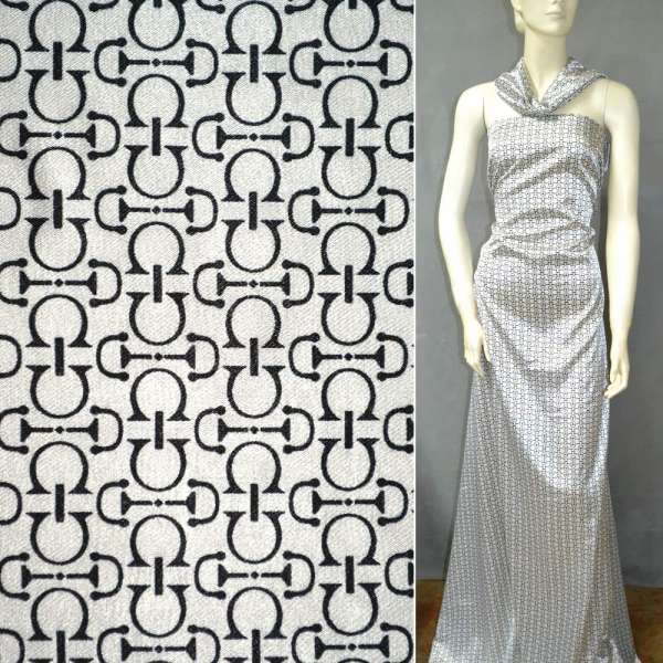 Атлас стрейч молочный с черными подковками ш.120