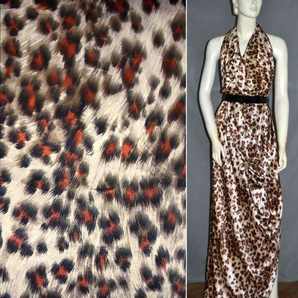 Атлас стрейч песочный+коричнево-терракотовый принт леопард ш.124