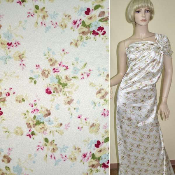 Атлас стрейч молочний з бежево-вишневими дрібними квітами ш.124