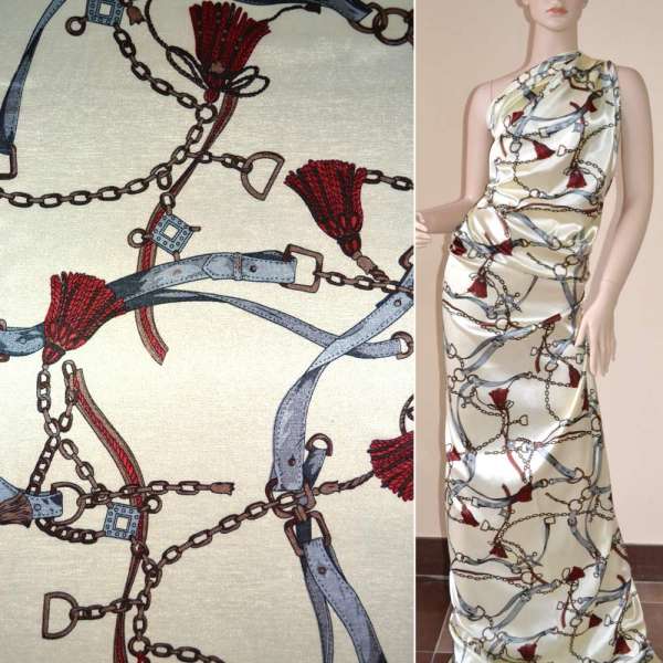 Атлас стрейч молочно-желтый с коричневыми цепями ш.120