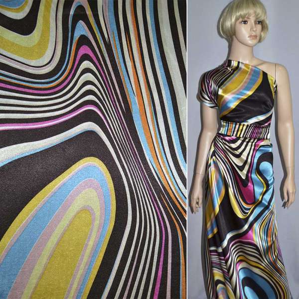 Атлас стрейч темно-коричневый в желто-голубые розовые полоски радуга ш.120