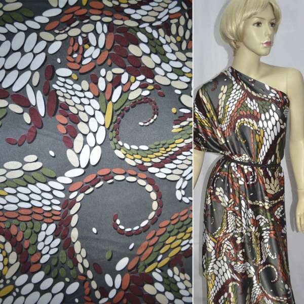 Атлас стрейч темно-серый в разноцветные овалы ш.120