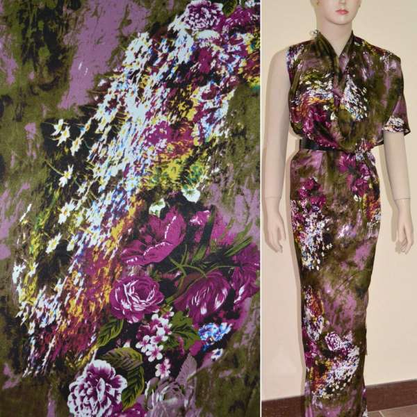 Атлас стрейч болотний з бордово-білими квітами ш.120