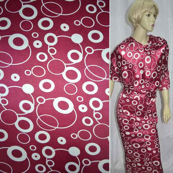 Атлас стрейч малиновый в белые овалы ш.120