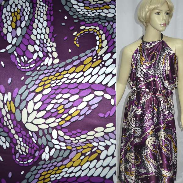 Атлас стрейч темно-сиреневый с разноцветными овалами ш.120