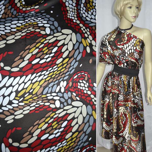 Атлас стрейч коричневый в разноцветные овалы ш.120