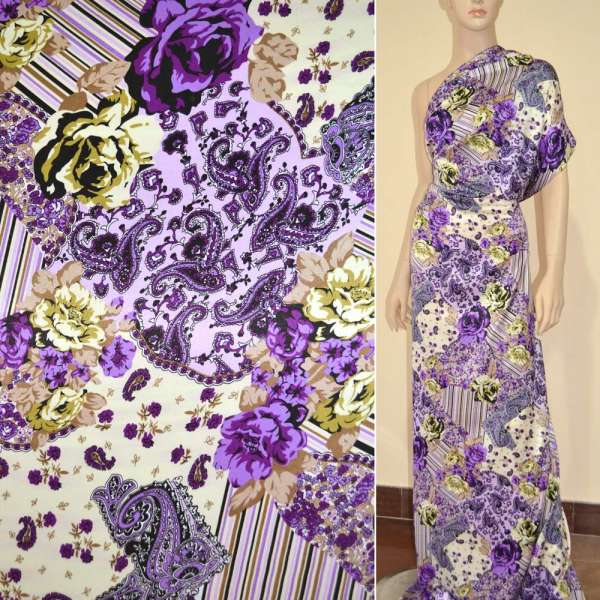 Атлас стрейч молочно-сиреневый с цветами и полосами ш.120