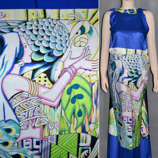 Атлас стрейч синий с салатовым раппорт девушка ш.120