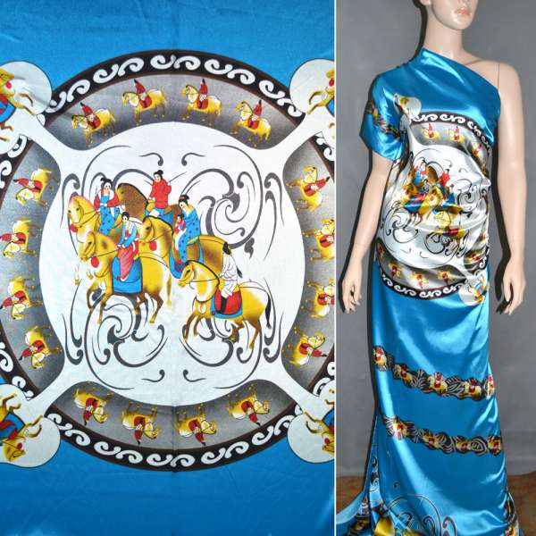 Атлас стрейч голубой раппорт восточная девушка на лошади ш.120