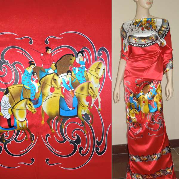 Атлас стрейч червоний раппорт східна дівчина на коні ш.120