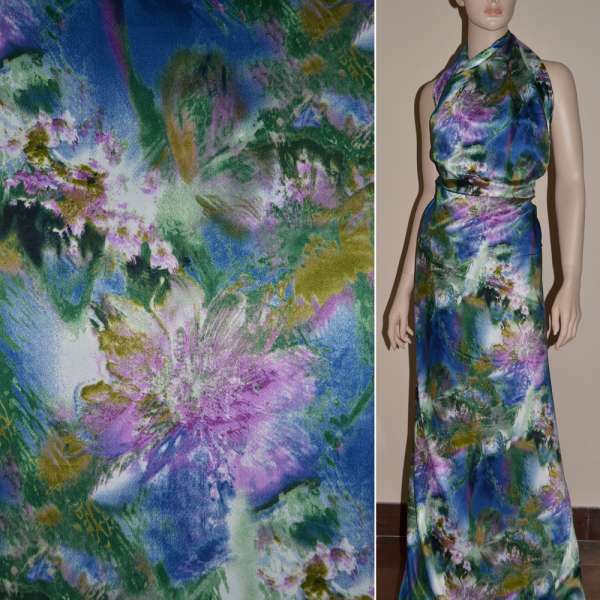 Атлас стрейч зеленый с розово-голубым абстрактным рисунком ш.120