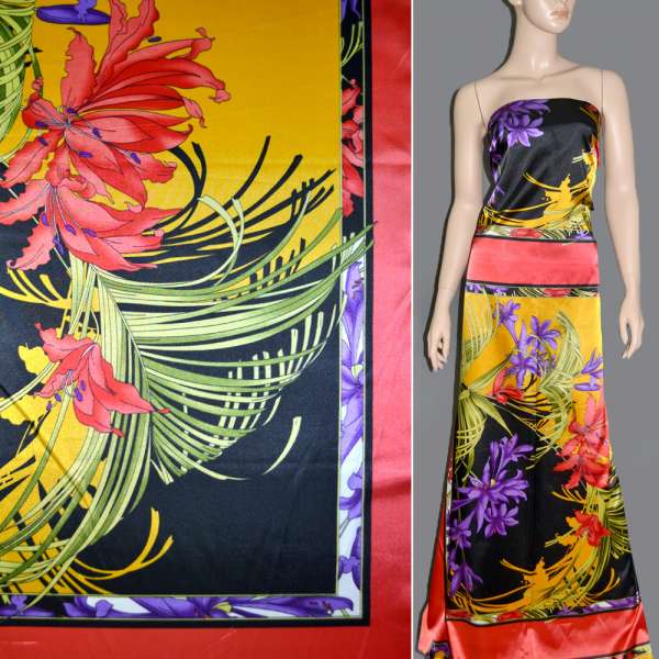 Атлас стрейч червоно-чорний раппорт квіти ш.120