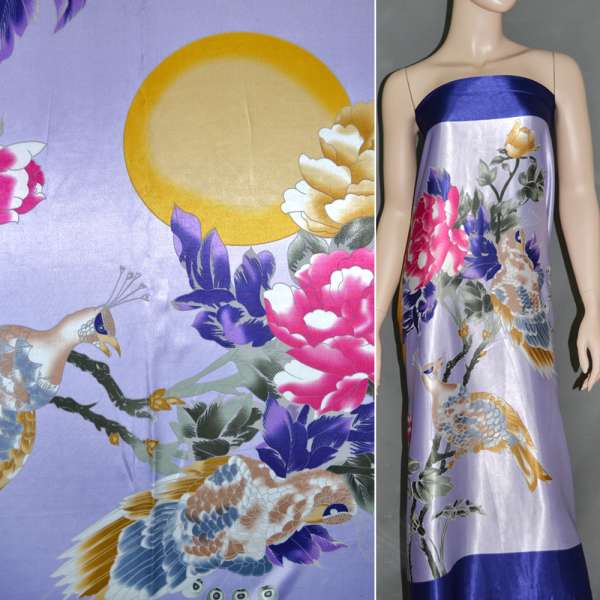 Атлас стрейч світло-фіолетовий з синім раппорт папуга ш.120