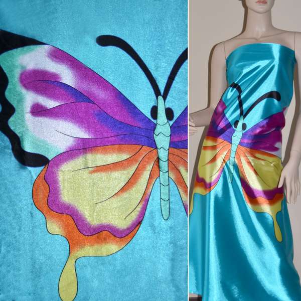 Атлас стрейч світло-бірюзовий раппорт метелики ш.120