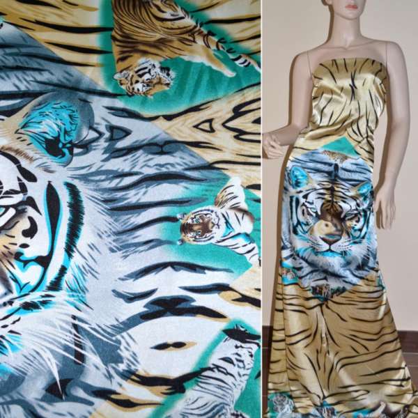 Атлас стрейч коричневый раппорт тигры ш.120