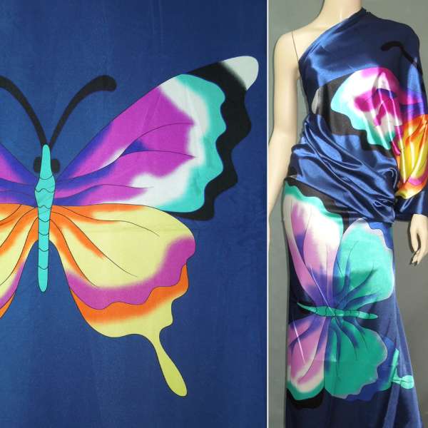 Атлас стрейч синий раппорт бабочки ш.120